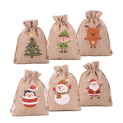 Pequeños bolsos personalizados del yute de la bolsa del lazo de la arpillera del regalo de la Navidad